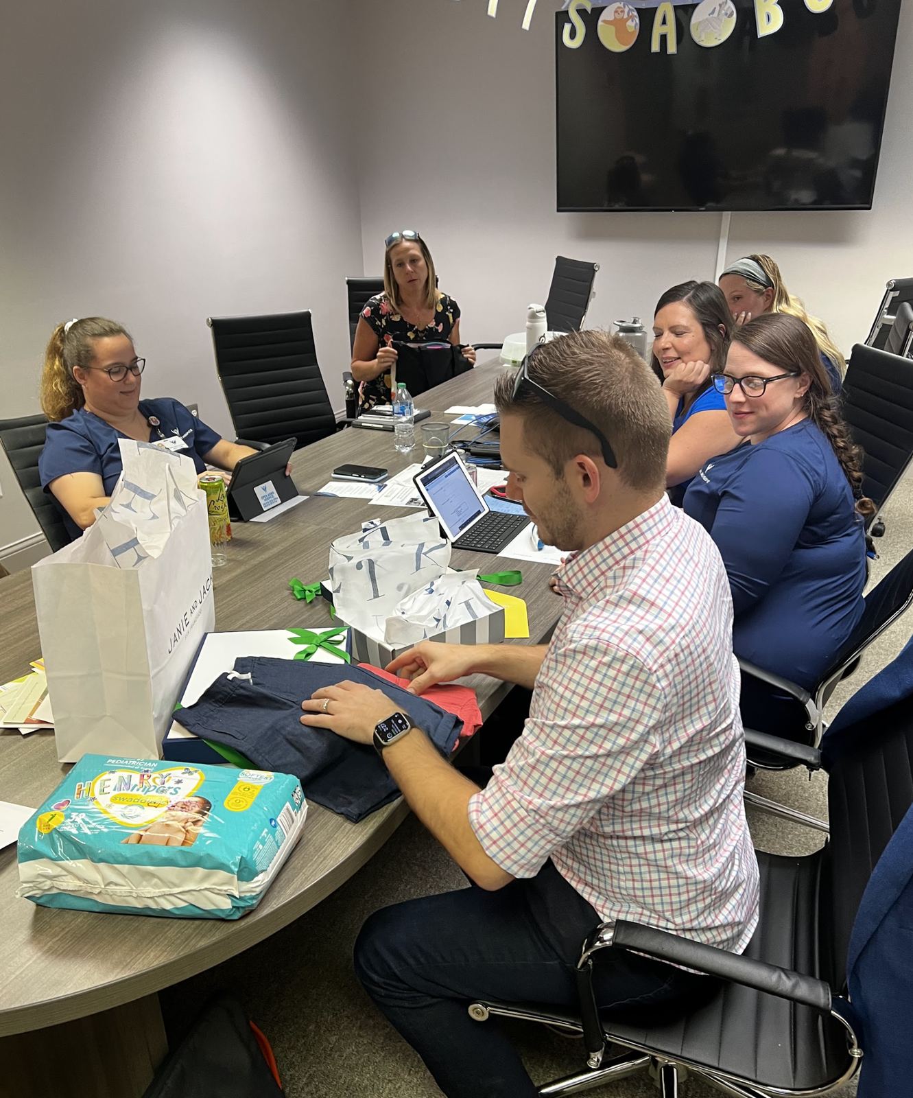 A team meeting or office celebration