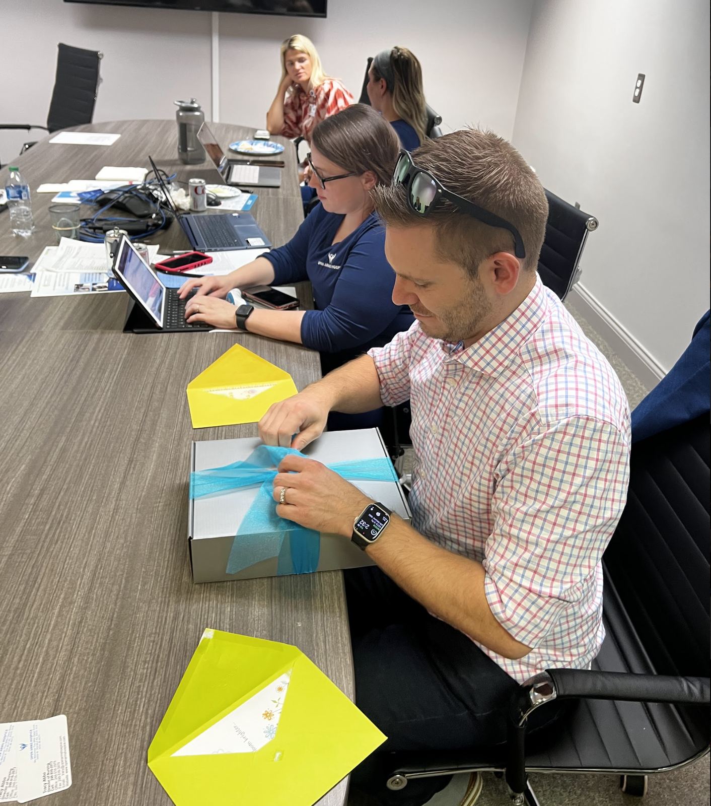 A team meeting or office celebration